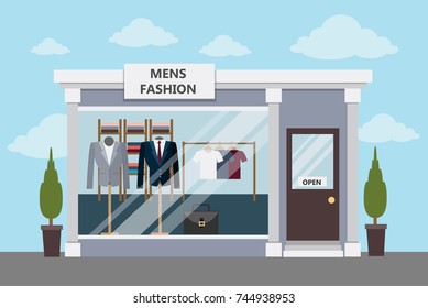 Men's fashion store outdoors with sky and trees. Storefront with cloting.