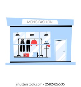 Mens Fashion Storefront With Clothing Display In Flat Vector Illustration Symbolizing Retail Shopping, Clothing Industry, And Style, Isolated On White Background