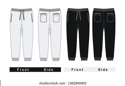 Mens fashion trousers pants, front and back. Black white, vector image
