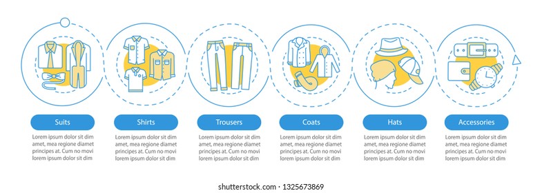 Men's fashion vector infographic template. Clothes. Suits, shirts, trousers, coats, hats, accessories. Data visualization with five steps, options. Process timeline chart. Workflow layout with icons