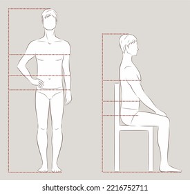 Men's figure  Body proportions for sewing clothing  Chest  waist  hips lines  Male silhouette  Front  back  side views  Sitting man  Vector illustration 