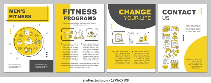 Men's fitness brochure template layout. Flyer, booklet, leaflet print design with linear illustrations. Workout. Gym membership. Vector page layouts for magazines, annual reports, advertising posters