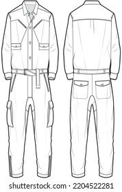 Men's Flight Suit, Men's Cargo Jumpsuit Front and Back View. Fashion Illustration, Vector, Technical Drawing, Flat Drawing, Template, Mockup.