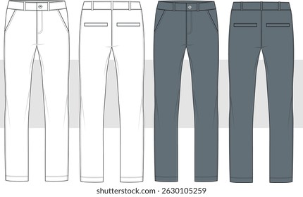 Men's formal casual chino trouser pant front and back view flat sketch fashion illustration drawing, slim fit denim jeans pants vector template, CAD, Mockup.