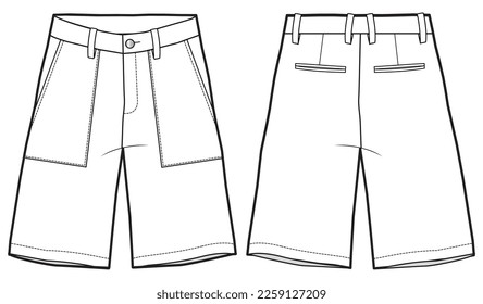 Men's formal Sartorial chino shorts front and back view flat sketch fashion illustration. Twill Shorts vector template cad drawing