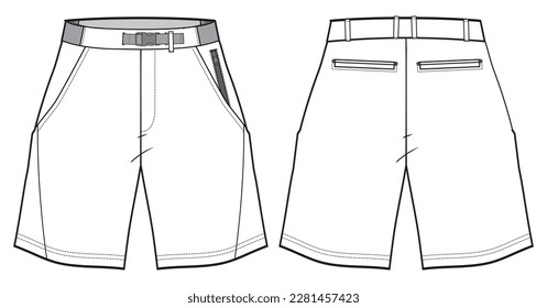 Men's formal Sartorial chino shorts front and back view flat sketch fashion illustration. Wide leg Twill Shorts vector template cad drawing