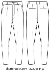 Men's formal trouser pant front and back view flat sketch fashion illustration, Tapered fit Woven Tailored chino pants vector template