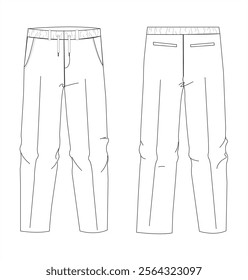 Men's formal trouser pant front and back view flat sketch fashion illustration, Woven Tailored chino pants vector template