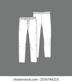 Men's formal trouser pant front and back view flat sketch fashion illustration, Woven Tailored chino pants vector template.