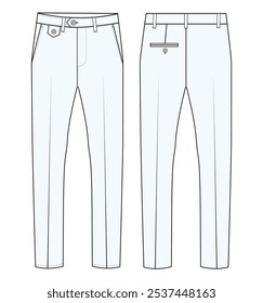  Men's formal trouser vector pant front and back view flat sketch fashion illustration, Vector technical sketch. Mockup template.