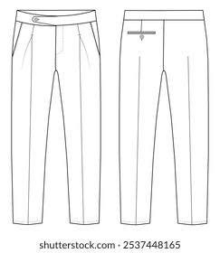  Men's formal trouser vector pant front and back view flat sketch fashion illustration, Vector technical sketch. Mockup template.