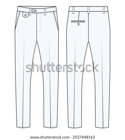  Men's formal trouser vector pant front and back view flat sketch fashion illustration, Vector technical sketch. Mockup template.