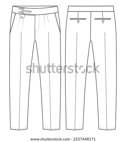  Men's formal trouser vector pant front and back view flat sketch fashion illustration, Vector technical sketch. Mockup template.