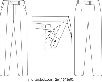 Men's Formal Trousers Front and Back Illustration, Tailored Pants with Belt Loops and Pleats