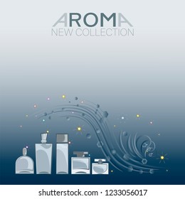 Men's fragrances. Luxury perfumes, toilet waters. NEW COLLECTION. AROMA. Glassware for spirits of different shapes with luminous pheromones. Design poster with place for text.
