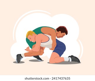 Men's freestyle wrestling. Vector figures of athletes in red and blue uniforms. Flat vector illustration on white background