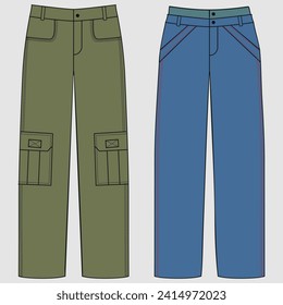 Men's Front and Back Chinese Casual Pants Plant Flat Liner Fashion Drawing, Slim Fit Pants Vector Illustration