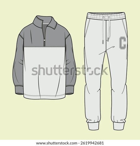 Men's funnel neck half zip though sweatshirt and jogger tracksuit technical drawing fashion flat illustration sketch vector illustration template front and back views outline CAD mockup