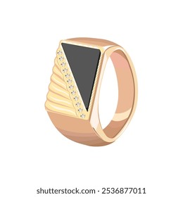 Men's gold signet ring with diamonds,isolated on a white background.Vector illustration .