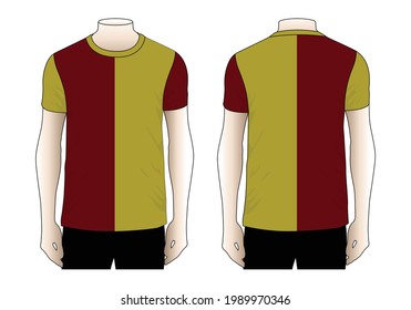 Men's Gold-Crimson Short Sleeve T-Shirt Design on White Background.Front and Back View, Vector File.