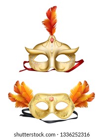 Mens golden, half-face mask decorated with precious stones, red rubies and orange feathers for Venetian or Mardi Gras carnival, holiday masquerade celebration, costumed party 3d realistic vectors set