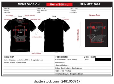 Men's graphic T shirt, 100% cotton, complete Tech pack 