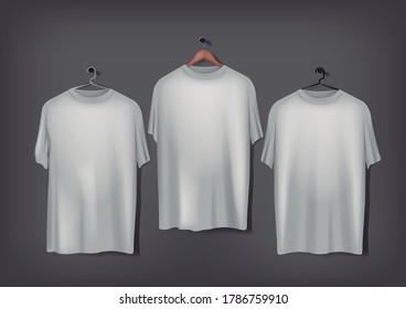 Men's gray basic t-shirts mockup with wood and metal hanger.