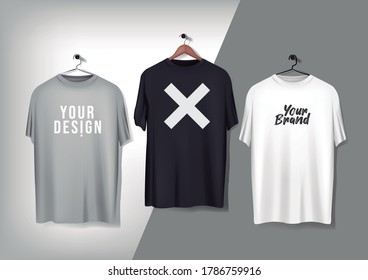 Men's gray basic t-shirts mockup with wood and metal hanger. Mockup clothes for ads, advertisement, branding.