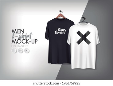 Men's gray basic t-shirts mockup with wood and metal hanger. Mockup clothes for ads, advertisement, branding.