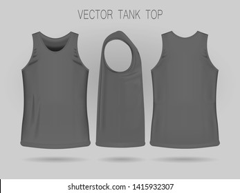 Men's gray tank top template in three dimensions: front, side and back view. Blank of realistic male sport shirts