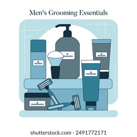 Ilustración esencial de aseo para hombres muestra una variedad de productos de cuidado de la piel y afeitado cuidadosamente organizados. Ilustración vectorial.