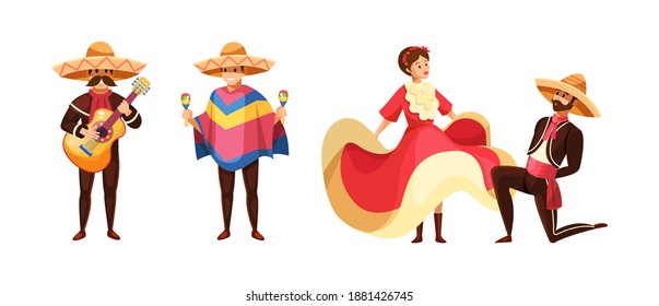 Mens with guitars in traditional clothes costume, sombrero, poncho, playing on guitar and maracas. Girl in beautiful dress and man in suit, dancing traditional dance cartoon vector.