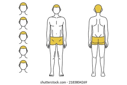 Men's hair removal, full body (front and back) and face area guide, underwear