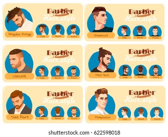 Men's haircut and hairstyle. Side part haircut. Pompadour, Undercut, Man Bun. Barber hairstyle. Front, side and back view