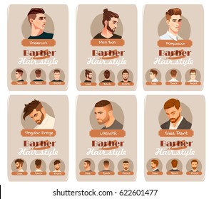 Men's haircut and hairstyle. Side part haircut. Pompadour, Undercut, Man Bun. Barber hairstyle. Front, side and back view