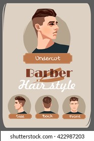 Männerhaar und Frisur. Unterschnitt der Haare. Vorderseite. Zurück.  