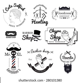 Men's haircut logo. Barber shop logo and design elements. Cut throat razor comb scissor sign. The bearded man logo. Monochrome sign barbershop. Electric razor emblem. Mustache logo.