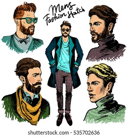 Men's haircuts and styling. Vector set in hand drawn style with stylish man. Barber Shop. Man in sunglasses. Man in an overcoat.