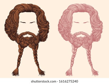 Men's hairstyle with beard pigtails. Design set. Art detailed editable illustration. Vector vintage engraving. Isolated on light background. 8 EPS