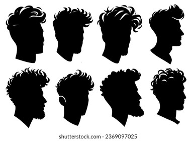 Men's hairstyle, black silhouette, head with curls, fashionable haircut on a transparent background stencil, vector set