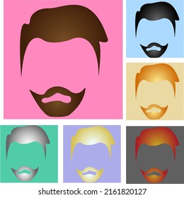 Men's hairstyle with a mustache of different types and colors of hair. Hairstyles for men. Hairstyles for characters brown, black, red, gray, blonde