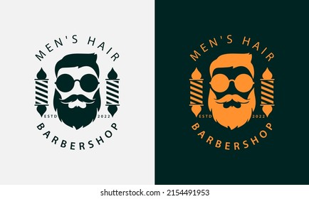 Men's hairstyle with mustache and glasses for a haircut emblem logo. flat simple design.