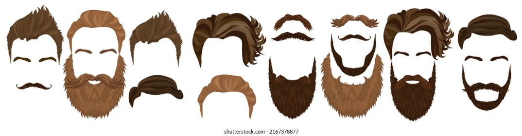 Mens hairstyles and beard set vector illustration. Realistic hipsters masks with curly hair, fake mustache in variation style, male haircut collection isolated on white. Barbershop, beauty concept