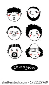 Men's hairstyles, face, types of male hairstyles and beards on an isolated background. Barbershop. Father's day. Courageous. Doodle. Vector.