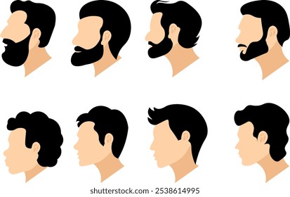 Men's hairstyles. Men with dark hair. Men's heads isolated on white background.