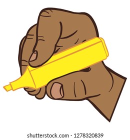 Men's hand of an African American holding a yellow highlighter. Vector graphic, yellow, brown, isolated.