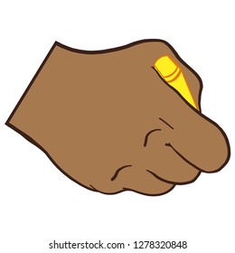 Men's hand of an African American holding a yellow highlighter. Vector graphic, yellow, brown, isolated.