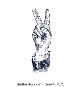 Men's hand in business suit shows victory gesture. Retro styled design element. Vintage style pen and ink illustration