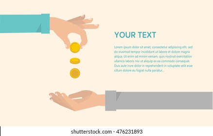 Men's hand gives some money to needy. Financial crisis, charity, unemployment concept. Vector illustration flat design horizontal banner template