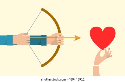 Men's hand is holding a bow with arrow and aiming to woman's heart. Metaphor love concept. Flat design vector illustration.